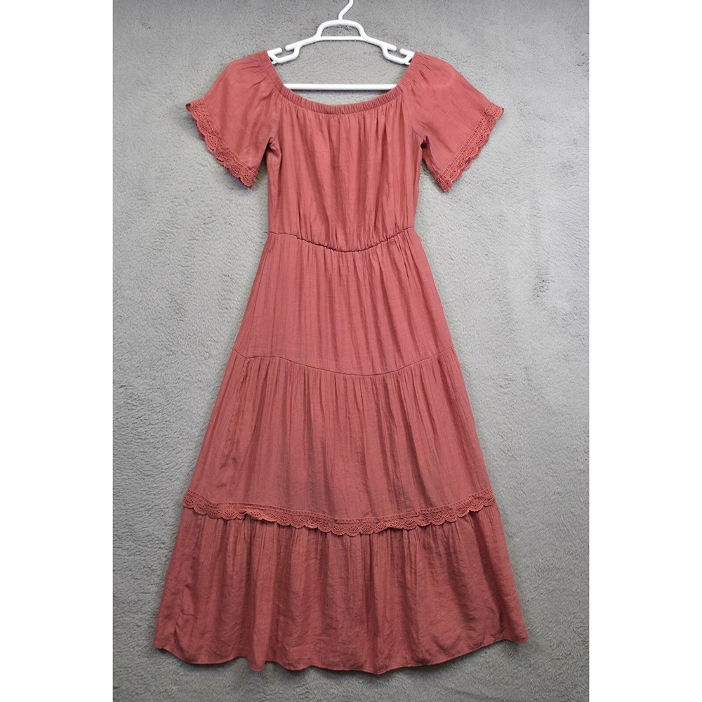 Luxology Maxi Dress Women M Pink Tiered Gauzy Boho Cottagecore A‎ Line Peasant